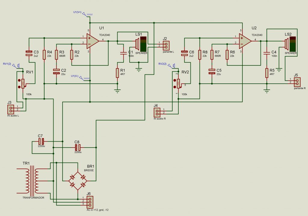 circuito completo con la entrada de audio que entra en el pin 1 de J3 y llega al pin 1 del TDA